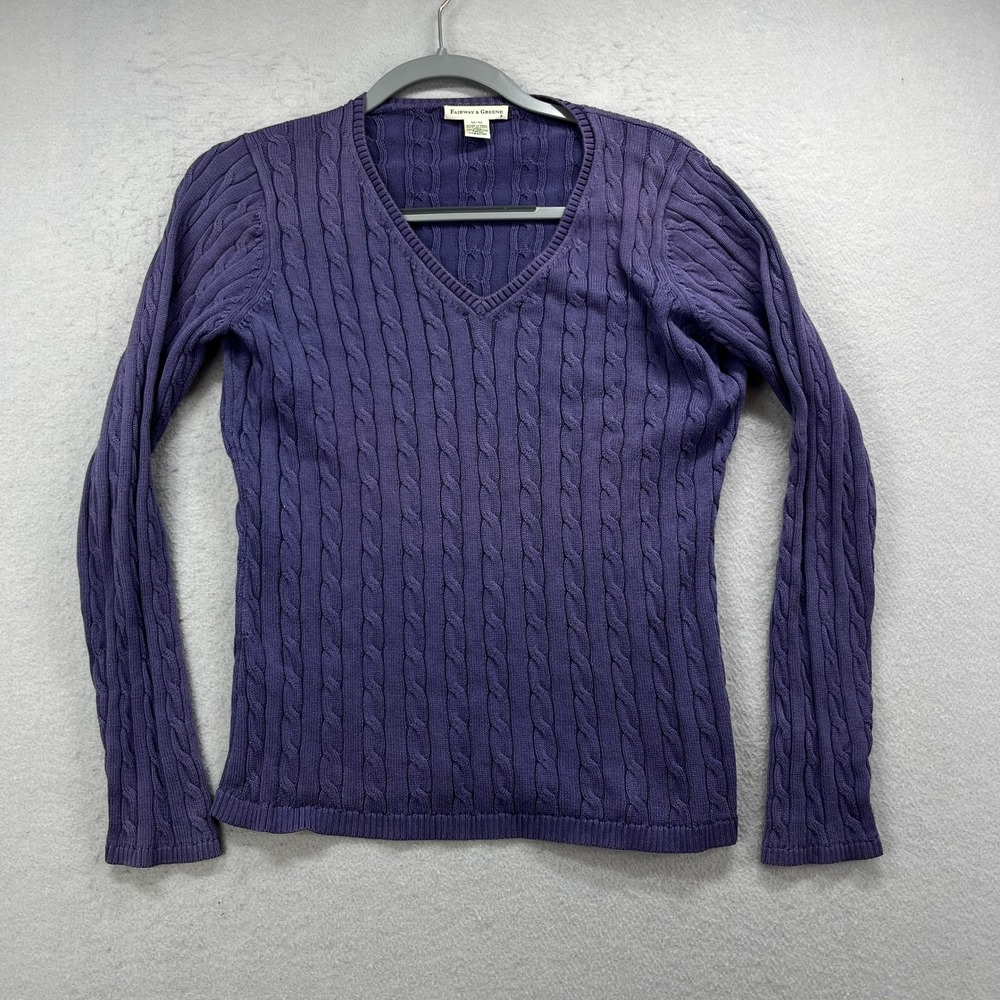 Fairway & Greene Sweater Women Medium Purple Pima Cotton Cable Knit Preppy Golf